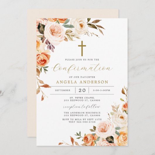 Baptême Floral Orange / Invitation de confirmation (Devant / Derrière)