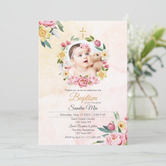 Baptême Floral rose doux Invitation (Debout devant)