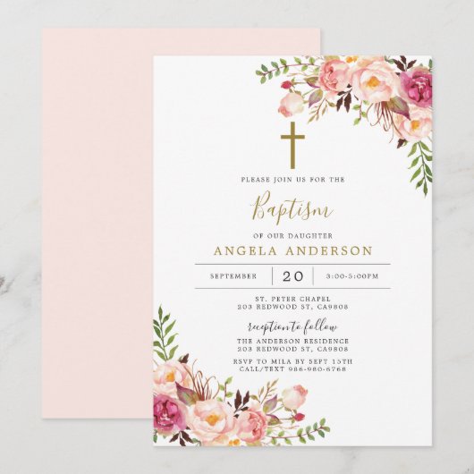 Baptême Floral Rose / Invitation Christening (Devant / Derrière)