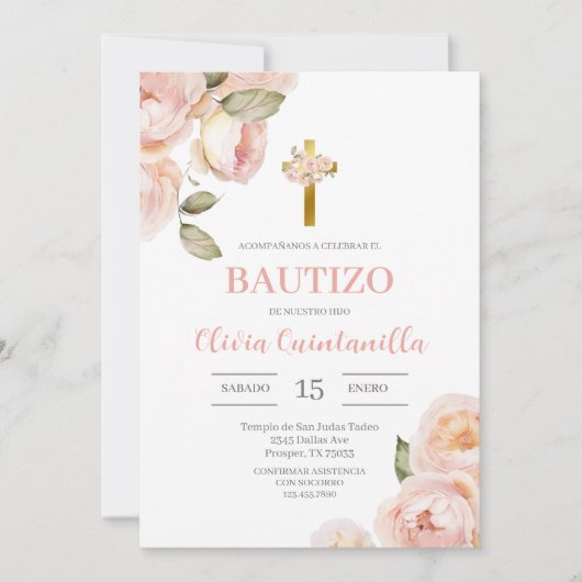 Baptême floral rose Invitation espagnole (Devant)