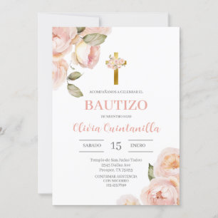 Baptême floral rose Invitation espagnole