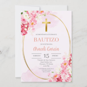 Baptême floral rose Invitation espagnole