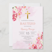 Baptême floral rose Invitation espagnole (Devant)