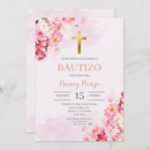 Baptême floral rose Invitation espagnole (Devant / Derrière)