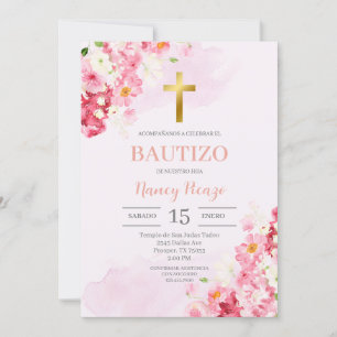 Baptême floral rose Invitation espagnole