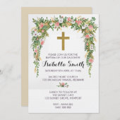 Baptême floral rose or / Invitation Christening (Devant / Derrière)