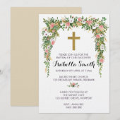 Baptême floral rose or / Invitation Christening (Devant / Derrière)