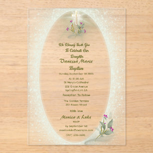 Baptême floral vert&blanc Invitation acrylique