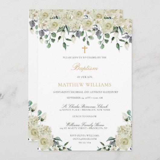 Baptême Floral Vert Or Blanc Invitation (Devant / Derrière)
