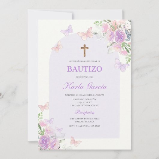 Baptême Floral Violet Invitation Espagnole (Devant)