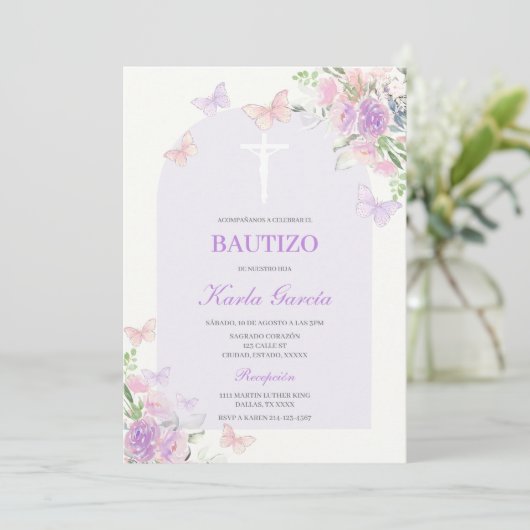 Baptême Floral Violet Invitation Espagnole (Debout devant)