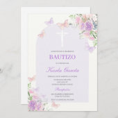 Baptême Floral Violet Invitation Espagnole (Devant / Derrière)