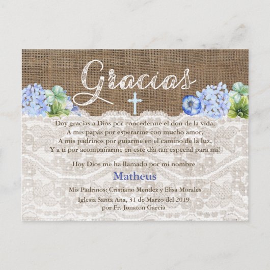 Baptême garçon Bautismo Carte de remerciements en (Devant)