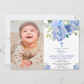 Baptême garçon invitation photo, fleurs bleu marin (Devant)
