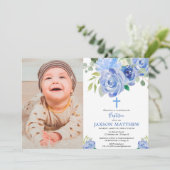 Baptême garçon invitation photo, fleurs bleu marin (Debout devant)