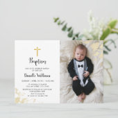 Baptême Garçon | Photo Black Gold Strip Invitation (Debout devant)