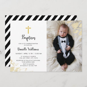 Baptême Garçon Photo Black Gold Strip Invitation