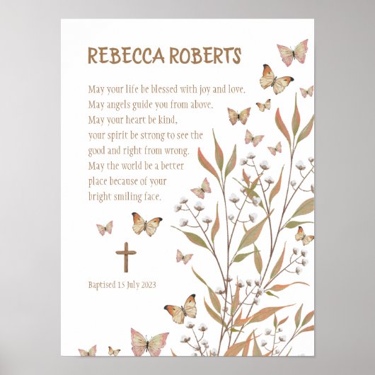 Baptême Girl Aquarelle Papillons Poster (Devant)