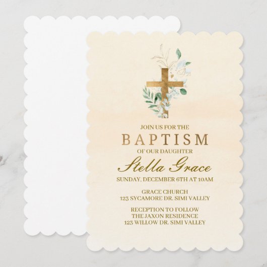 Baptême, invitation baptismal, verdure & or (Devant / Derrière)