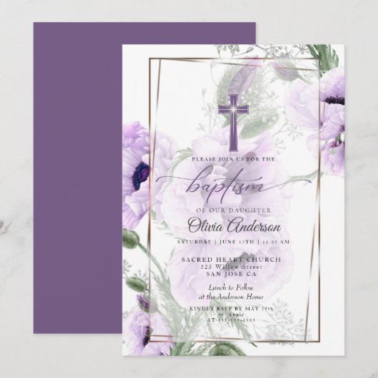 BAPTÊME | Invitation Croix Florale Améthyste (Devant / Derrière)