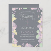 Baptême, invitation de baptême - fleurs et croix (Devant / Derrière)