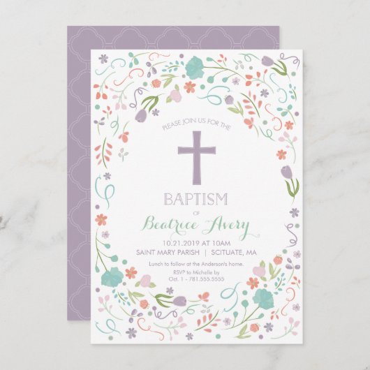 Baptême, Invitation du baptême - Fleurs, Croix (Devant / Derrière)