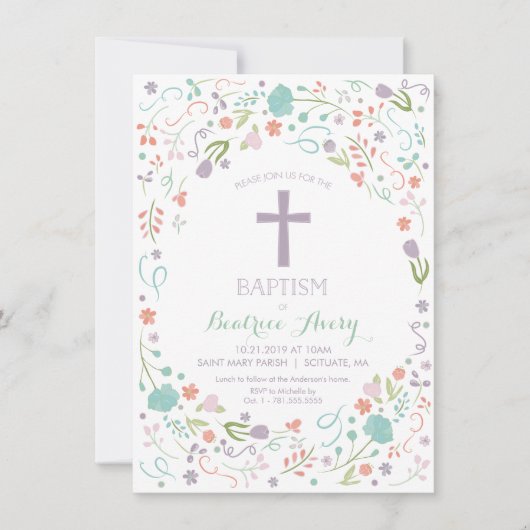 Baptême, Invitation du baptême - Fleurs, Croix (Devant)