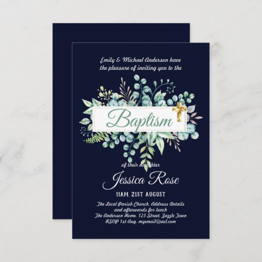 Baptême Invitation Eucalyptus BUDGET Vert (Devant / Derrière)