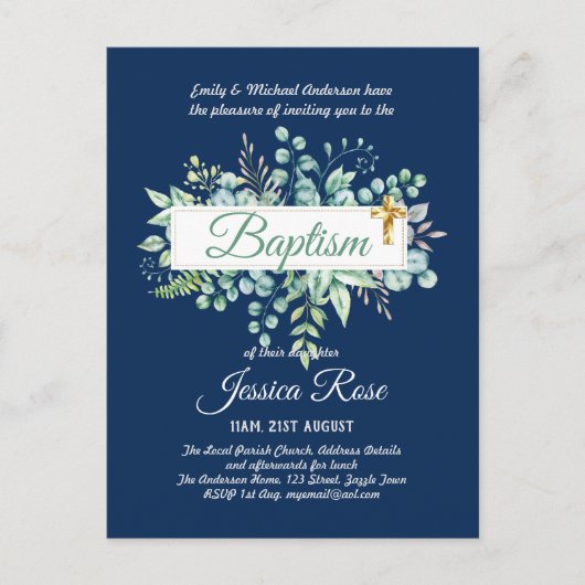 Baptême Invitation Eucalyptus BUDGET Vert (Devant)