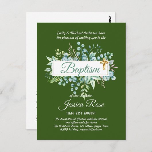 Baptême Invitation Eucalyptus BUDGET Vert (Devant / Derrière)