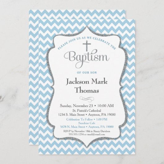 Baptême Invitation Garçons Blue Grey Chevron Éléga (Devant / Derrière)