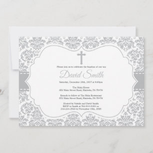 Baptême Invitation Grey Damask
