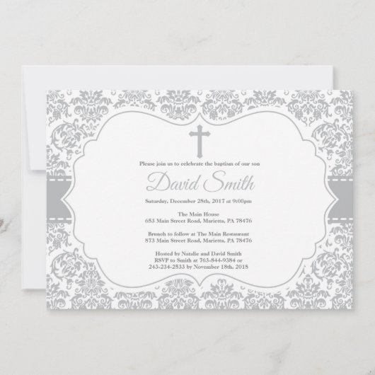 Baptême Invitation Grey Damask (Devant)