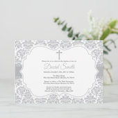 Baptême Invitation Grey Damask (Debout devant)