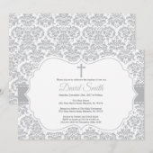 Baptême Invitation Grey Damask (Devant / Derrière)