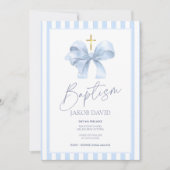 Baptême Invitation pour Garçon, Bleu Bow & Striped (Devant)