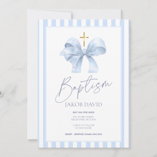 Baptême Invitation pour Garçon, Bleu Bow & Striped (Devant)