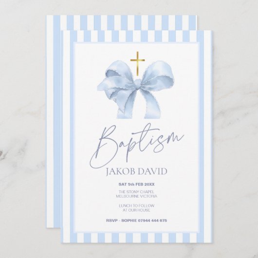 Baptême Invitation pour Garçon, Bleu Bow & Striped (Devant / Derrière)