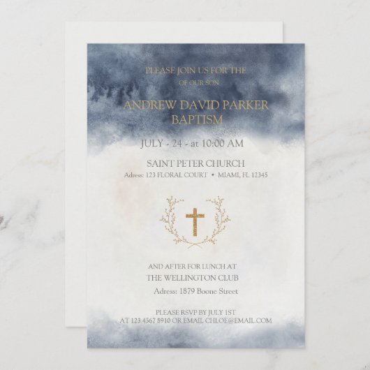 Baptême Invitations avec éléments aquarelles (Devant / Derrière)
