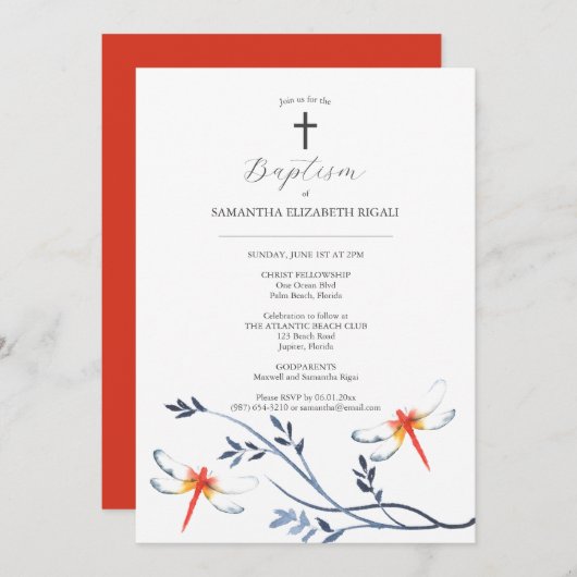 Baptême Invitations Godparents Nom Red Dragonfly (Devant / Derrière)