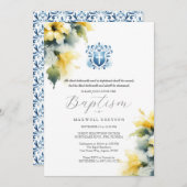 Baptême Invitations Religieux Bleu et Jaune (Devant / Derrière)