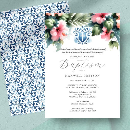 Baptême Invitations Religieux Bleu et Rose