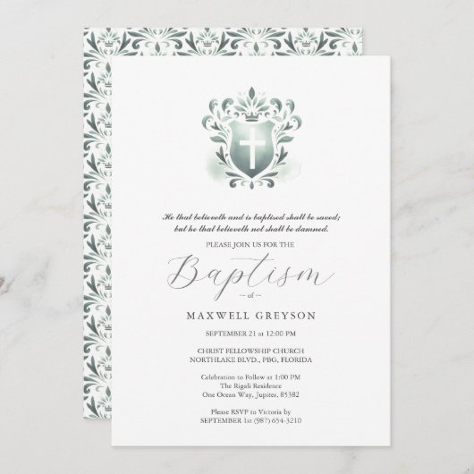 Baptême Invitations Sage Religieux Green Crest (Devant / Derrière)