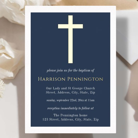 Baptême Marine & Gold Cross Foil Invitation