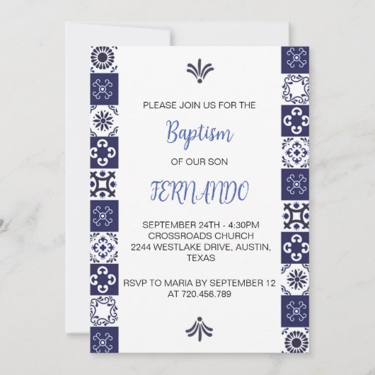 Baptême mexicain bleu mignon Invitation Bautizo (Devant)