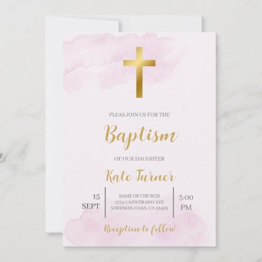 Baptême minimaliste rose pâle invitation (Devant)