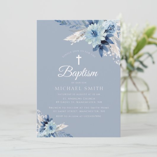Baptême moderne bleu Dusty invitation (Debout devant)