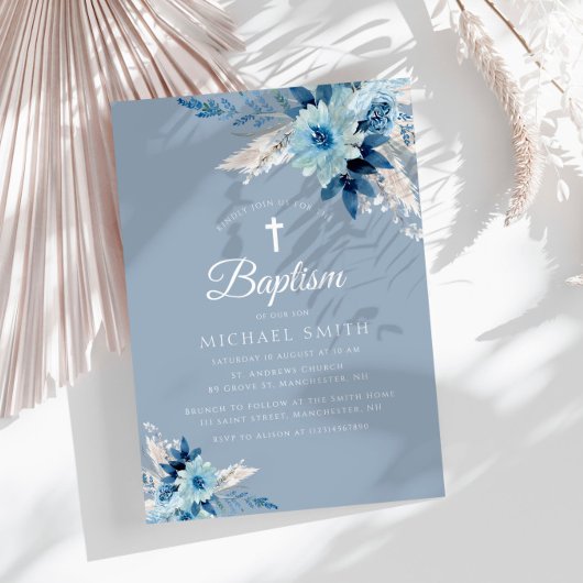 Baptême moderne bleu Dusty invitation