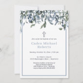 Baptême Moderne Vert Fleurs Bleues Invitation (Devant)