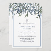 Baptême Moderne Vert Fleurs Bleues Invitation (Devant / Derrière)